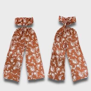LUSH NEW ALMOND CREAM LEAF FLORAL CUTOUT JUMPSUIT BROWN SMALL